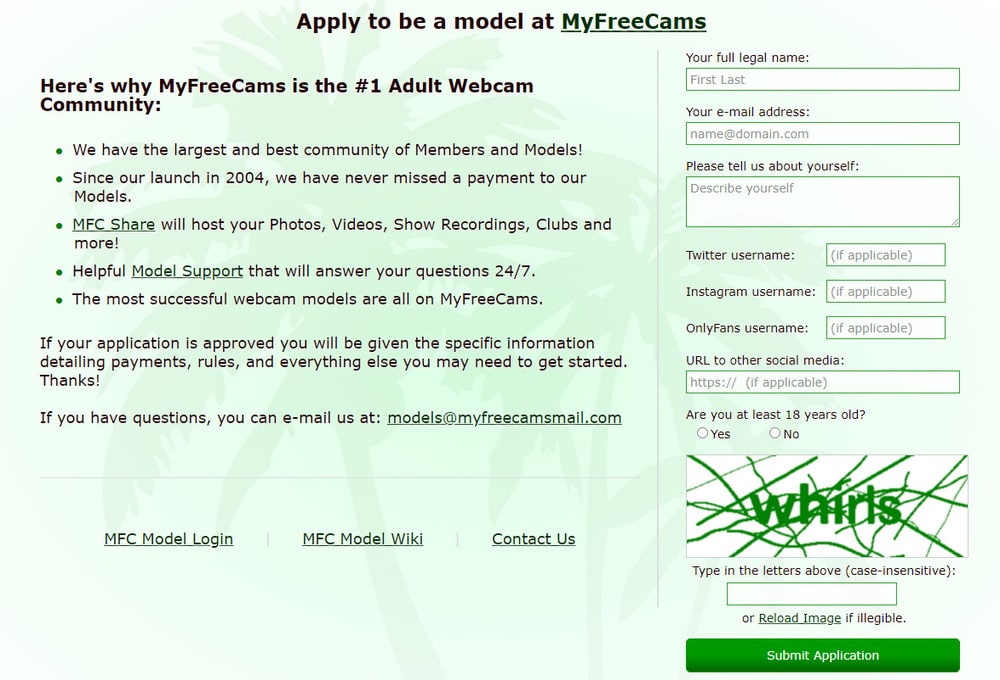 регистрация моделью на майфрикамс