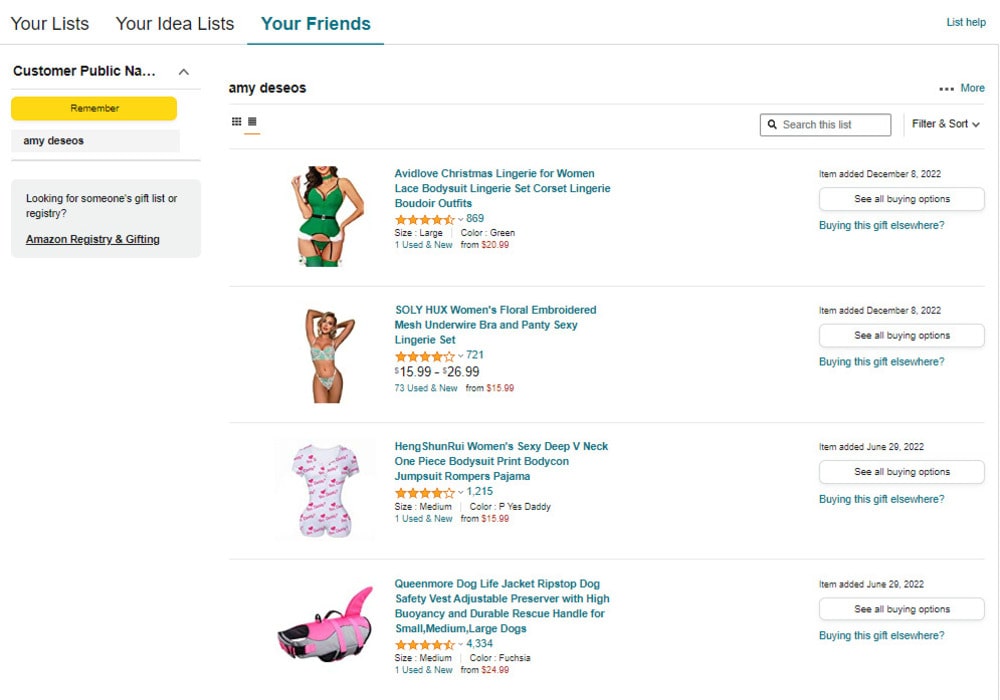 виш-лист модели на amazon